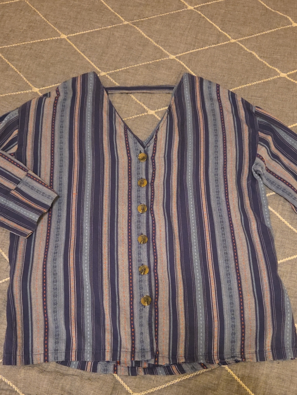 RD + Koko Striped V-Neck Button Front Women’s Top With Embroidered Accents